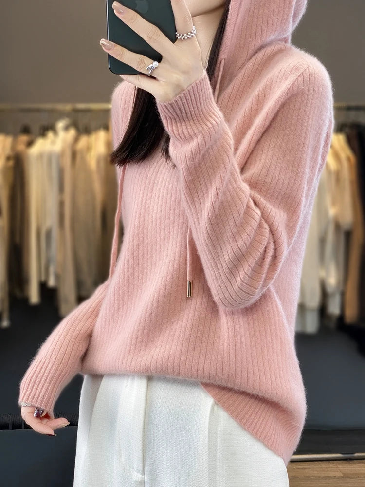 Women Sweater Casual Hoodie Pullover 100% Merino Wool Knitwear Long Sleeve Cashmere Autumn Winter Korean Style Female Clothing EzyLifeStyle